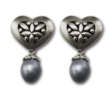 Heart Shaped Earrings w/ Black Pearl in Sterling Silver