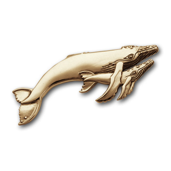 Mother & Calf Grey Whale Pin in 14k Gold