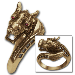 Chinese Dragon Ring with Ruby Eyes in 14k Gold