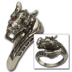 Chinese Dragon Ring with Ruby Eyes in Sterling Silver