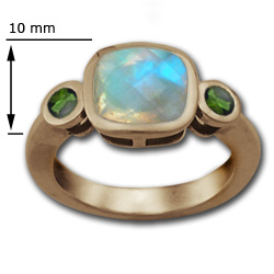 Cushion Cut Moonstone Ring with Emeralds in 14k