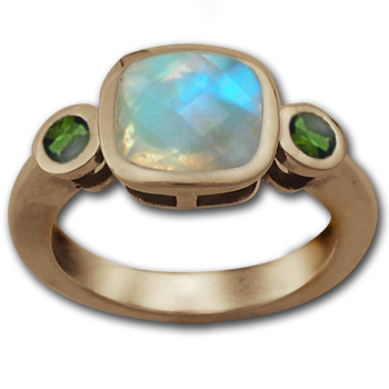Cushion Cut Moonstone Ring with Emeralds in 14k